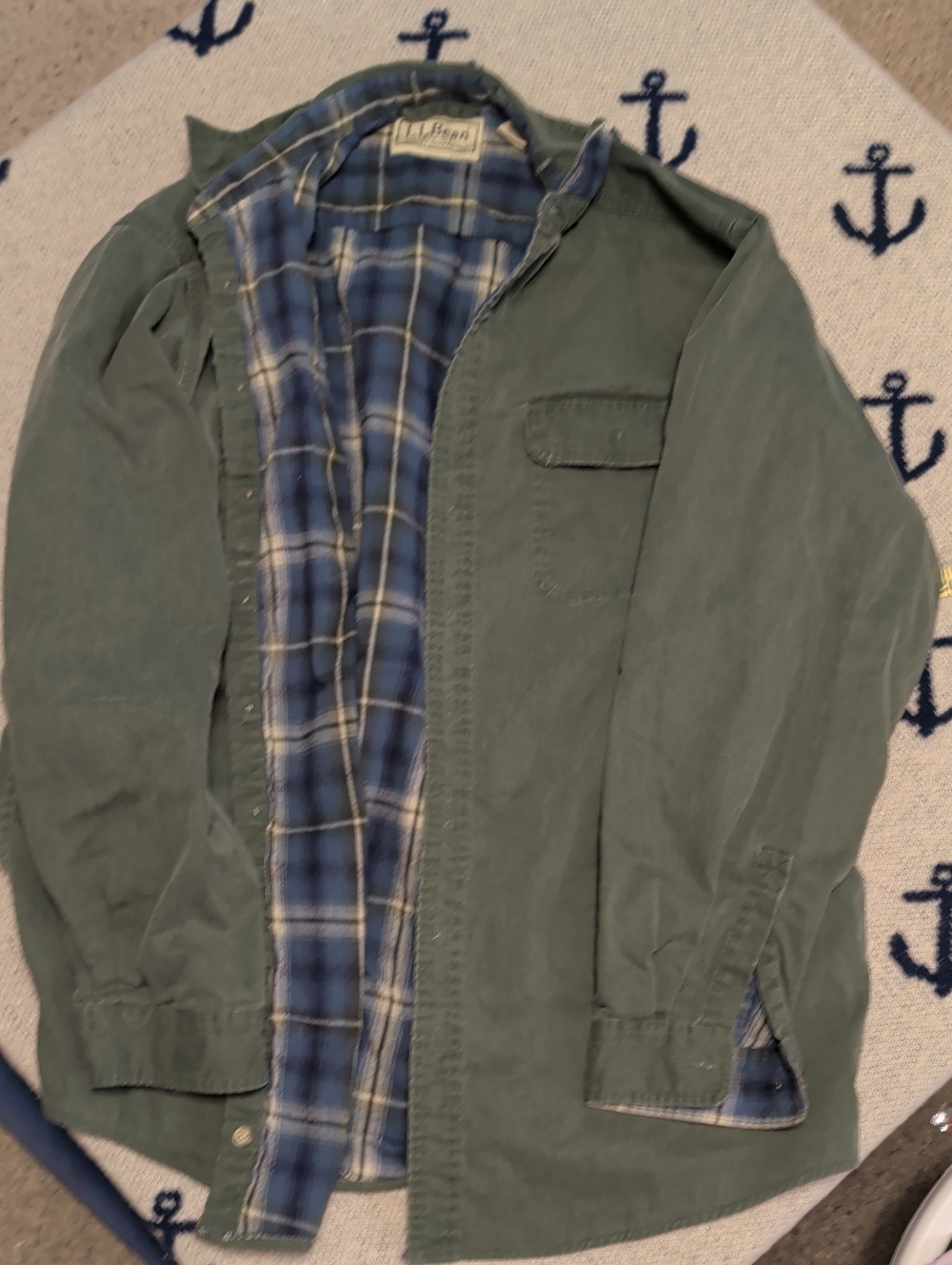 L.L. Bean Olive Green Chore Shirt with Blue Plaid Lining